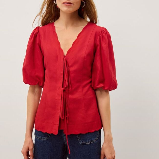Willa Puff Sleeve Tie Front Top Red