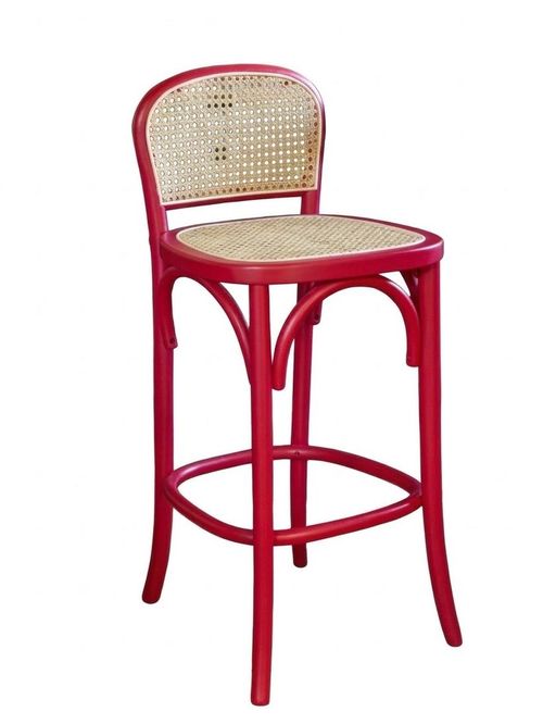 Set of 2 Chez Pitou Wood & Woven Cane Bar Stools in Red