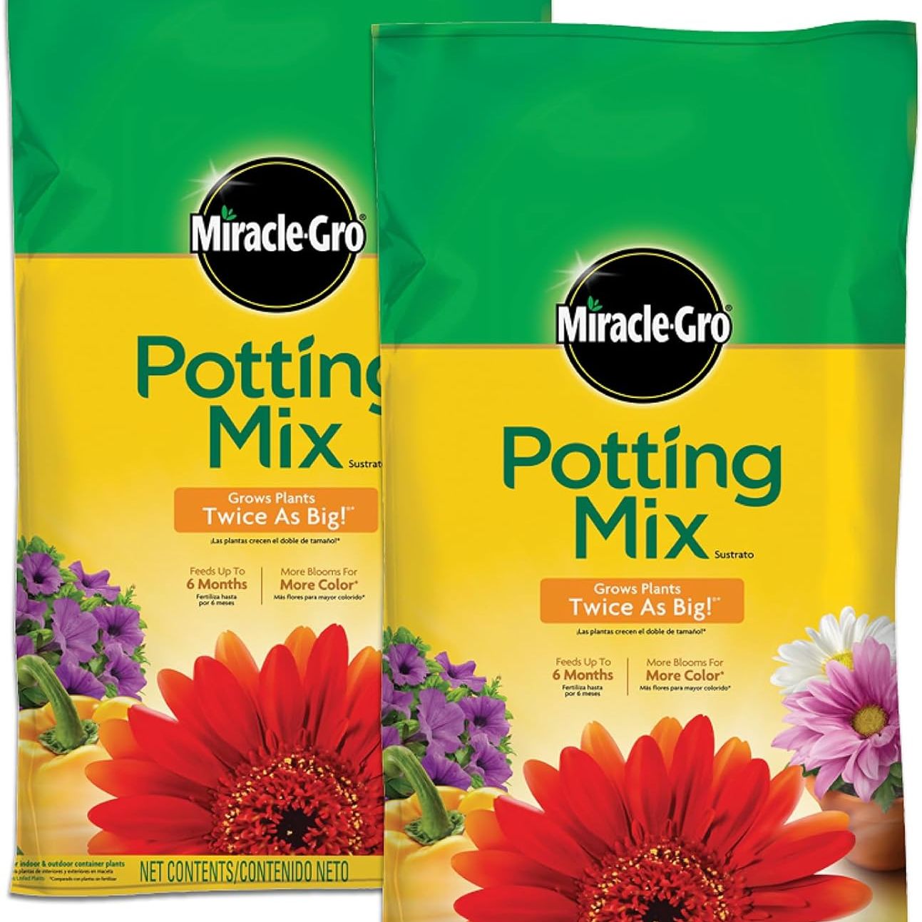 Miracle-Gro Potting Mix, for Container Plants, Flowers, Vegetables, Annuals, Perennials, Shrubs, Feeds for Up to 6 Months, 16. Qt., 2-Pack