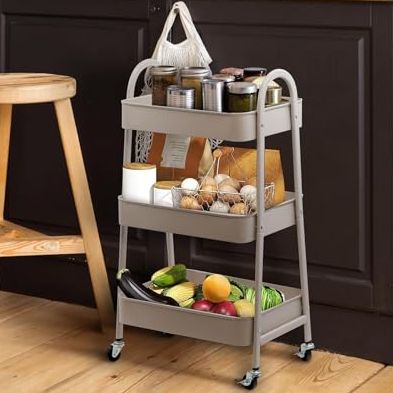 Geezy 3 Tier Storage Trolley on Wheels - Beige Metal Rolling Cart With Mesh Shelves &amp;amp; Side Handles - Multipurpose Kitchen Trolley Storage &amp;amp; Bathroom Caddy Organiser for Home, Office, Crafts &amp;amp; Beauty