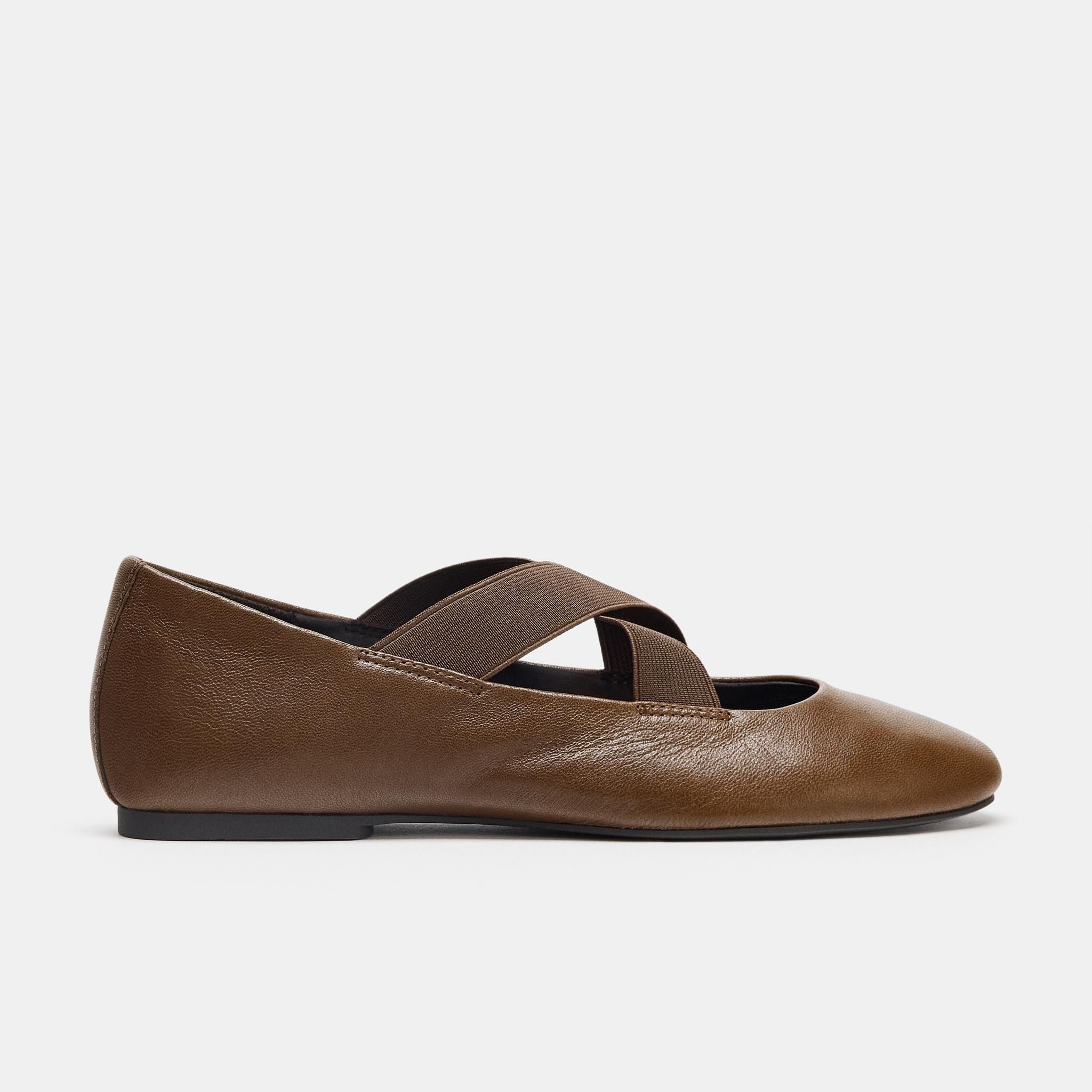 Leather Ballerina Shoes With Elasticated Crossover Straps