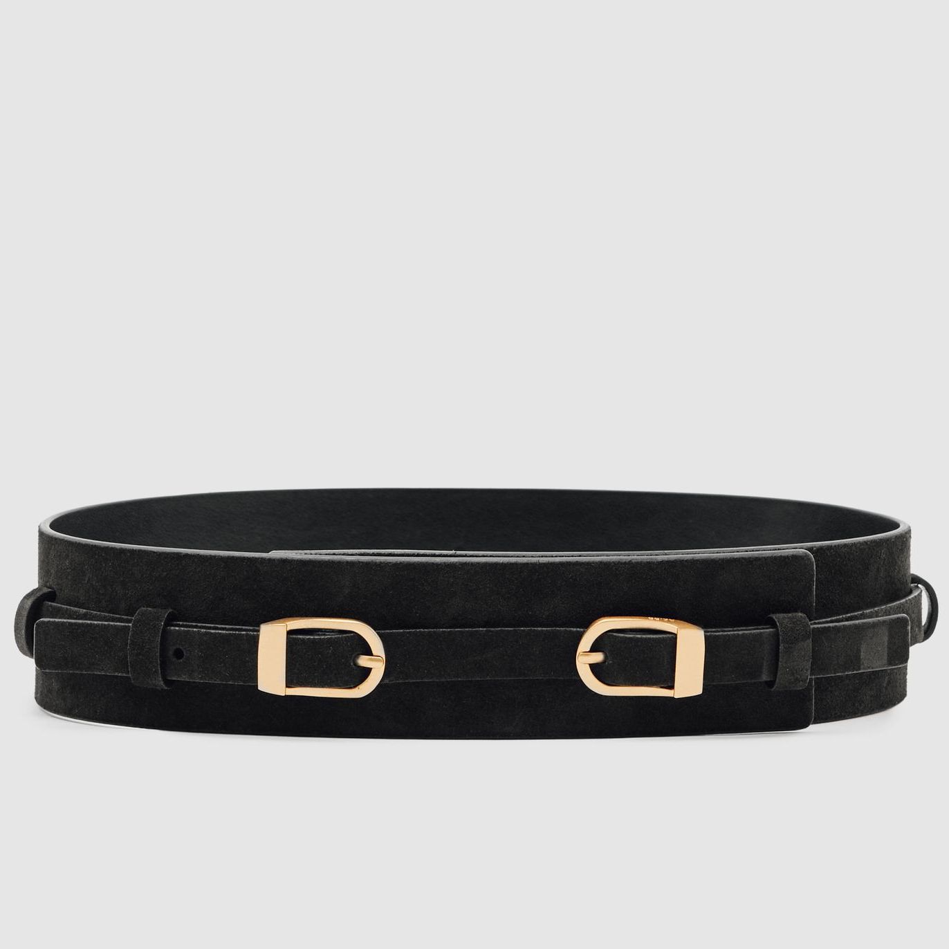 Suede Double-Buckle Corset Waist Belt in Chocolate