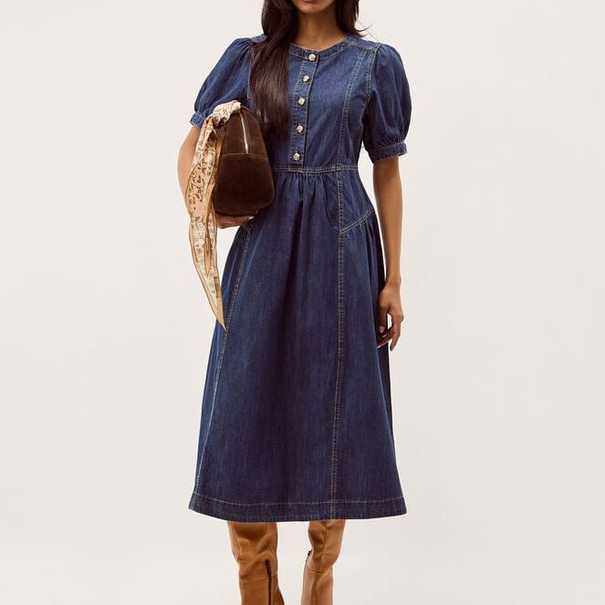 Eliza Puff Sleeve Denim Midi Dress Blue