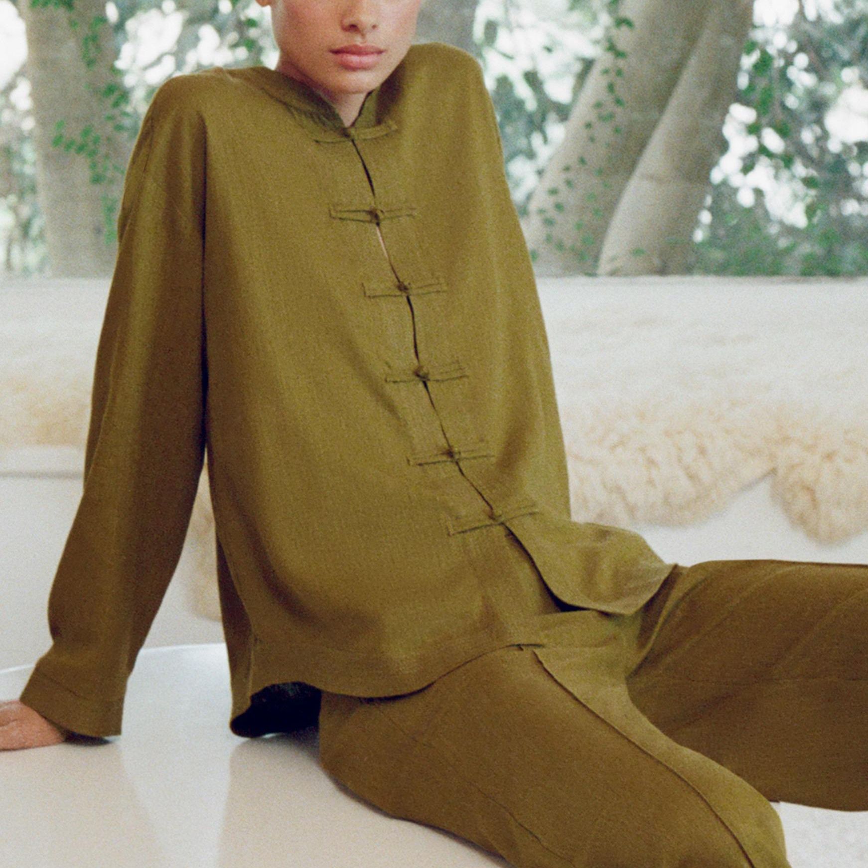 Linen Blend Shirt With Frog Fastening - Oil - Xs