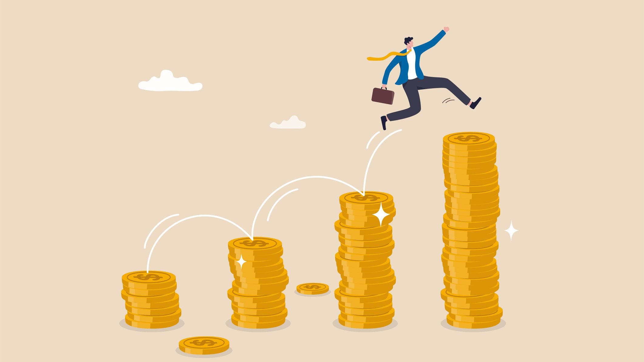 Illustration of man jumping over stacks of coins (CD rates).