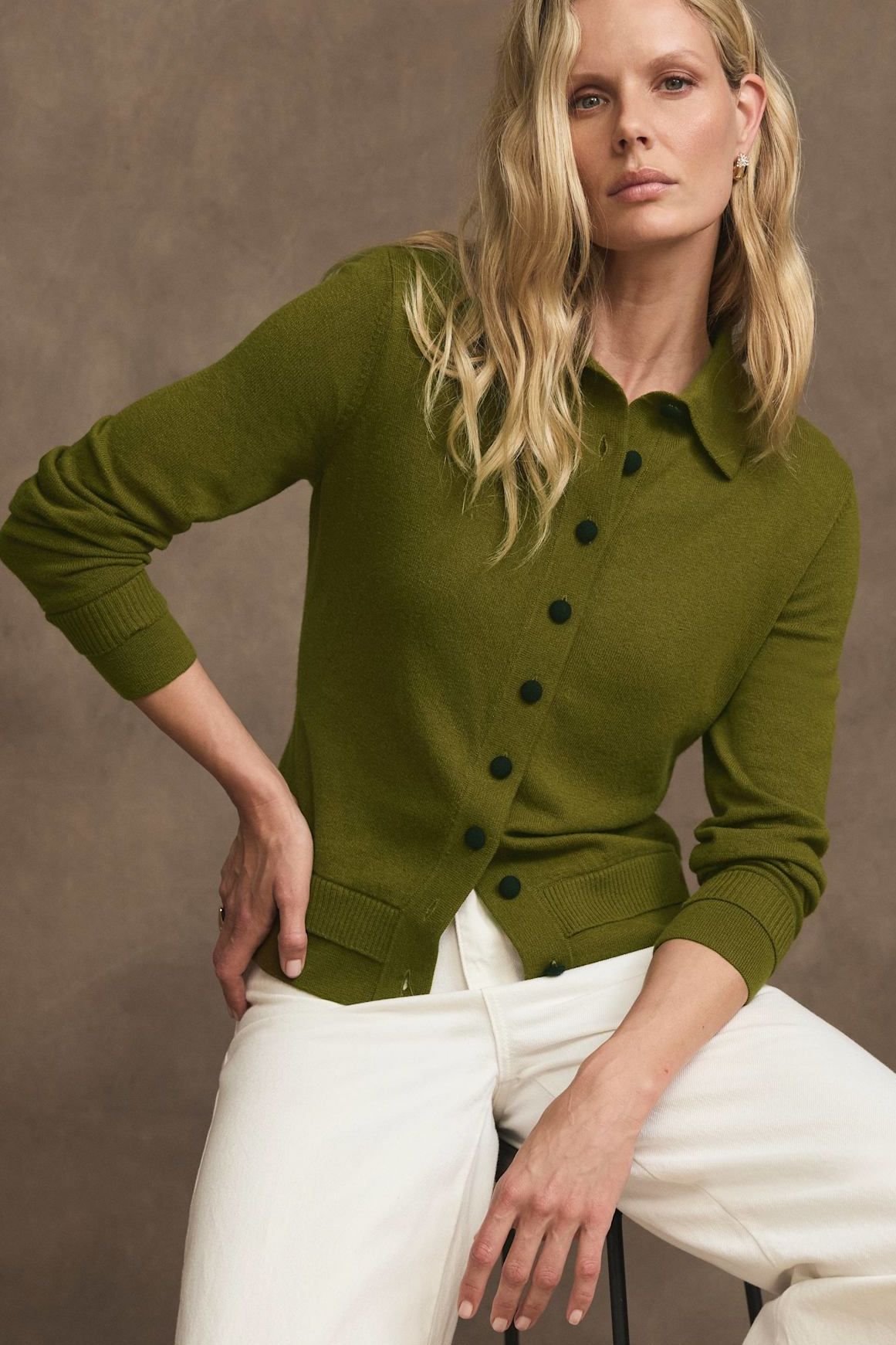 Olive Green Cotton Blend Cardigan