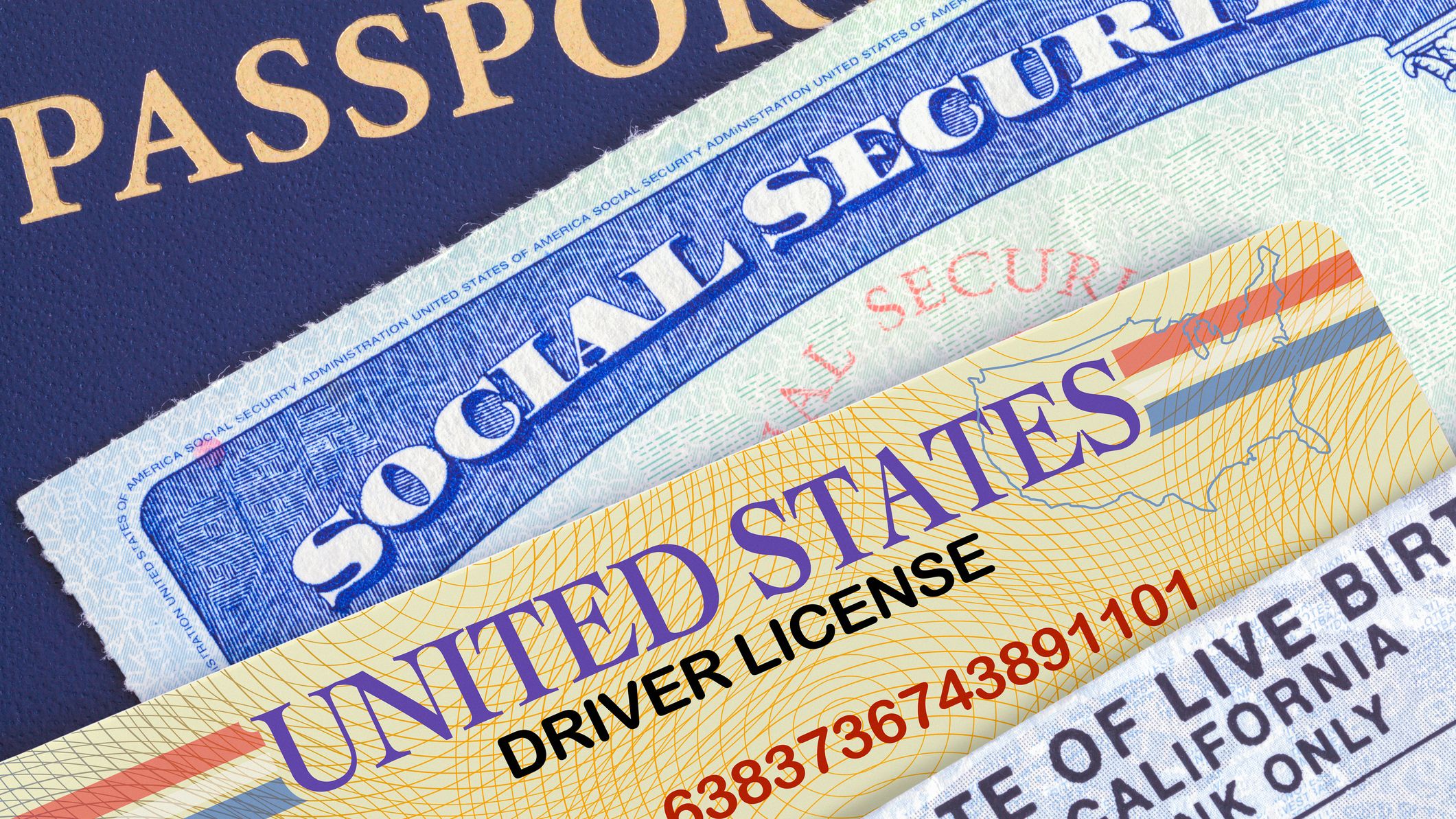 USA Passport with Social Security Card, Drivers License and Birth Certificate.