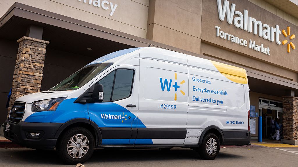 TORRANCE, CALIFORNIA - APRIL 3: A Walmart delivery van parked in front of the Walmart Torrance Market, on April 3, 2025 in Torrance, California.