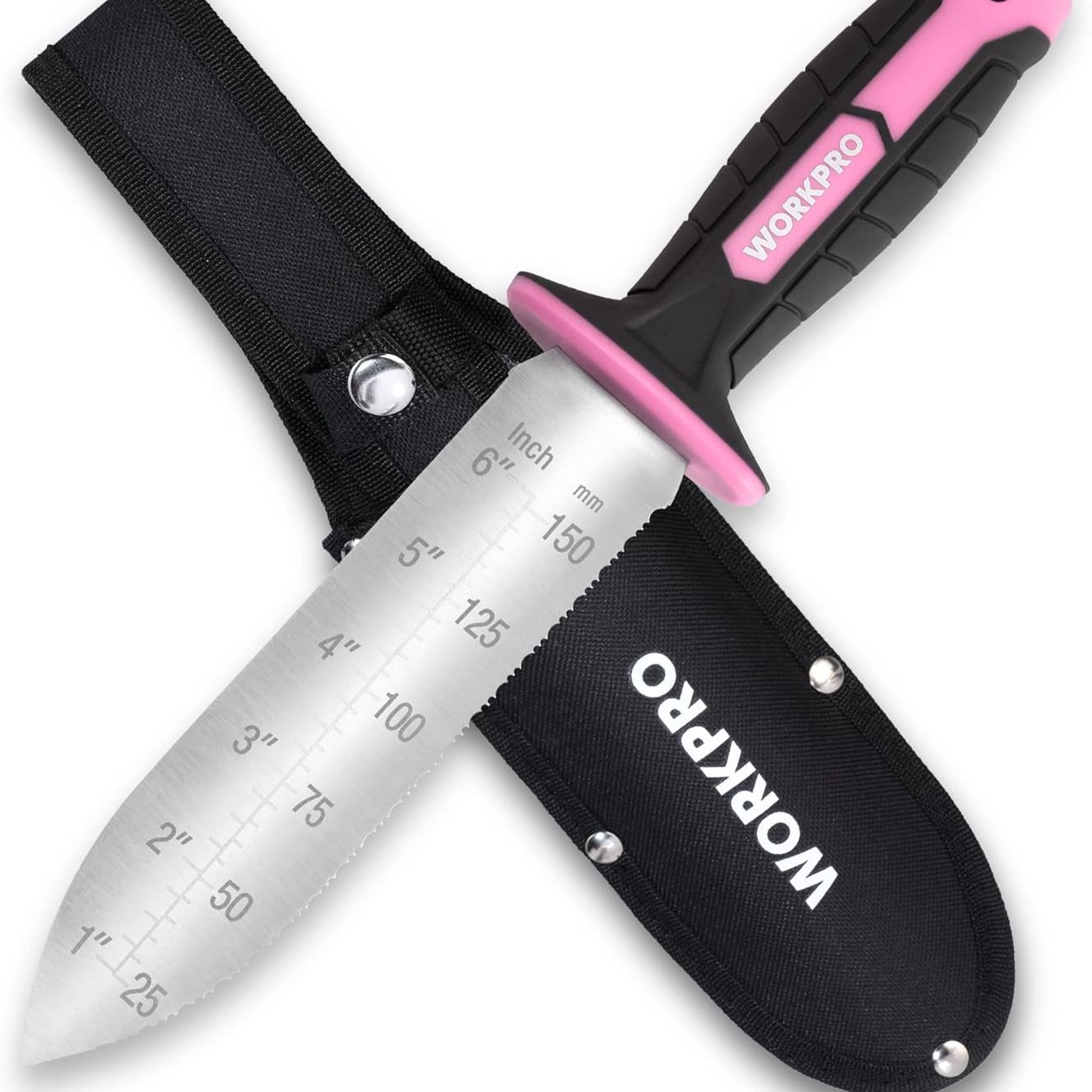 Workpro Hori Hori Garden Knife, 7&quot; Stainless Steel Blade With Cutting Edge, Garden Tools With Oxford Sheath, Ergonomic Trp Handle With Hanging Hole for Weeding, Planting, Digging, Pink Ribbon