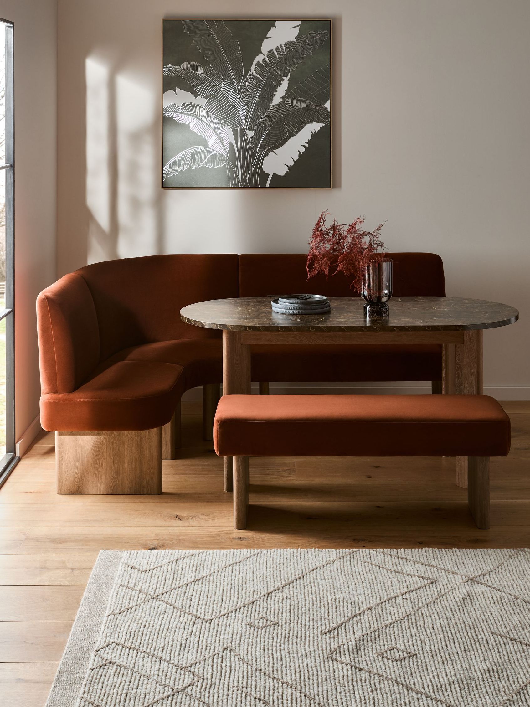 Soft Velvet Rust Left Hand Corner Dining Table and Bench Set - Size One
