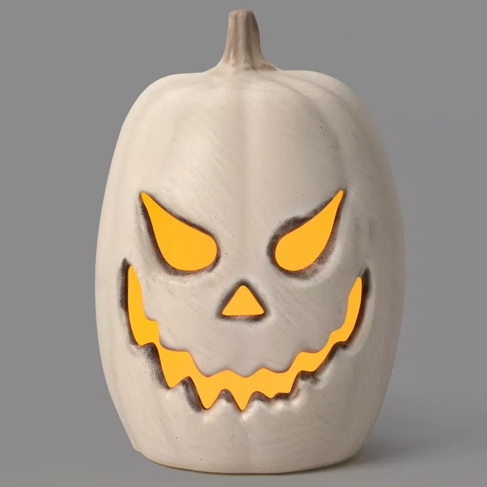11.5&amp;quot; Classic Lit Fall and Halloween Pumpkin Jack O' Lantern With Timer and Terracotta Look Prop Off-White - Hyde and Eek! Boutique&amp;trade;