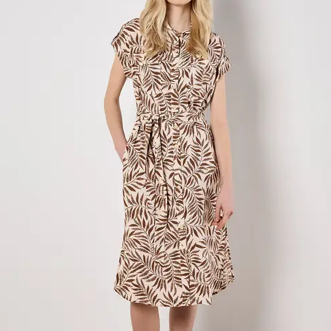 Apricot, Leaf Print Shirt Midi Dress