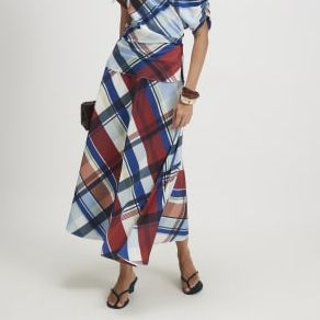 Blue Satin Check Maxi Skirt