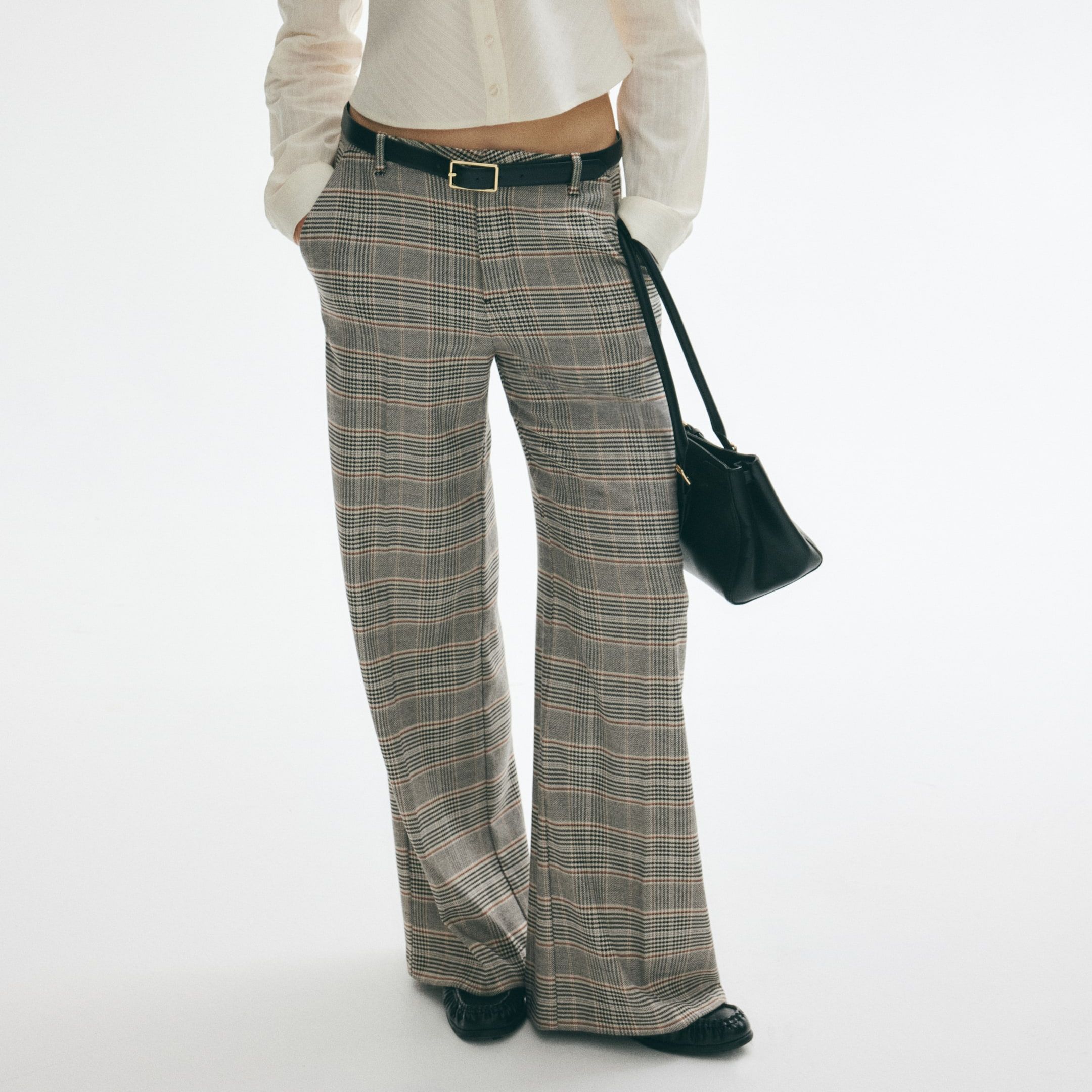 Wide Tailored Trousers - Light Beige/checked