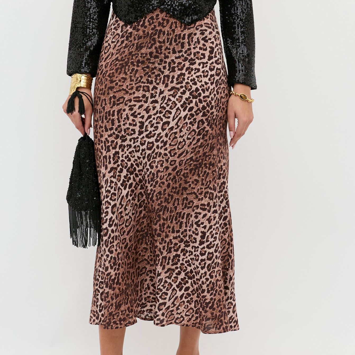 Kelly Silk Midi Skirt in Leopard Brown