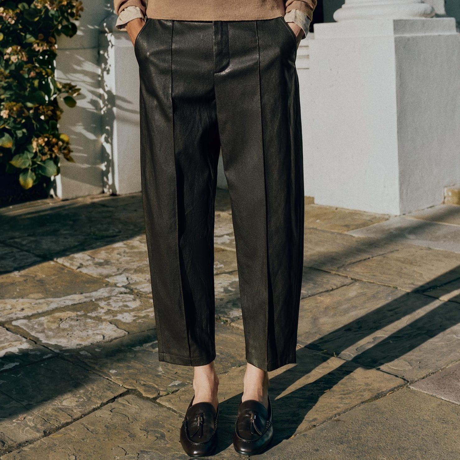 Leather Effect Pintuck Trousers - Brown - Xs