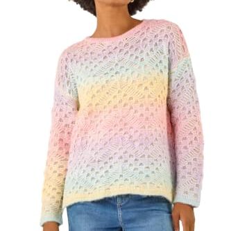 Roman Originals Ombre Rainbow Knit Jumper for Women Uk - Ladies Everyday Autumn Winter Crew Neckline Comfy Soft Evening Vacation Work Party Night Out - Multi - Size 12