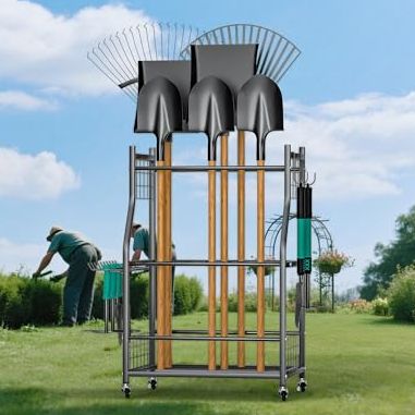 Everhanger Garden Tool Organizer Stand, Garage Tool Storage Organization, Yard Tool Racks With Lockable Wheels, Fit for Long-Handled Tools/rakes/brooms, Indoor/outdoor Use