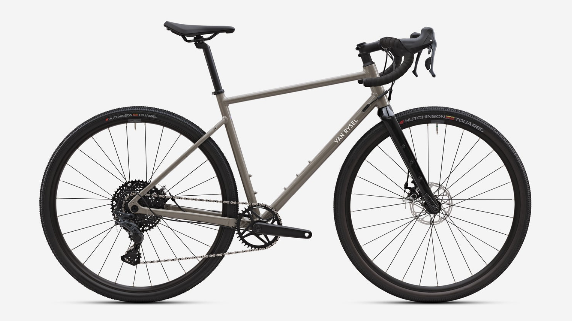 Coriander brown Van Rysel gravel bike on a white background
