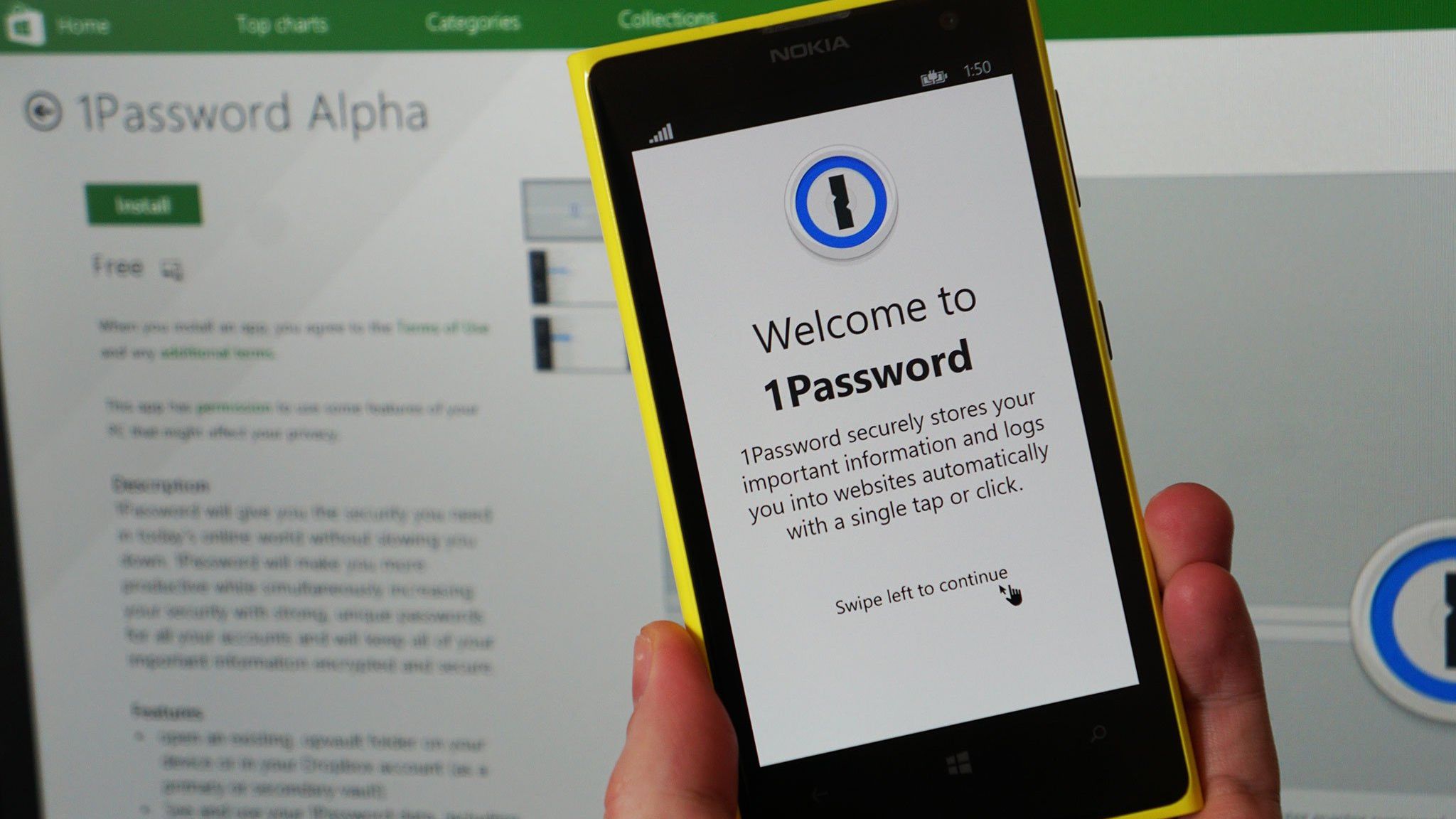 A Nokia phone displaying a 1Password introduction screen, with the 1Password Alpha webpage in the background.
