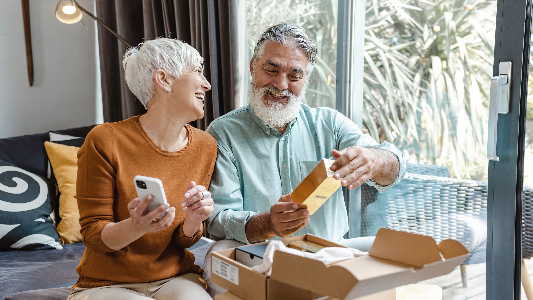 A couple opening their online order