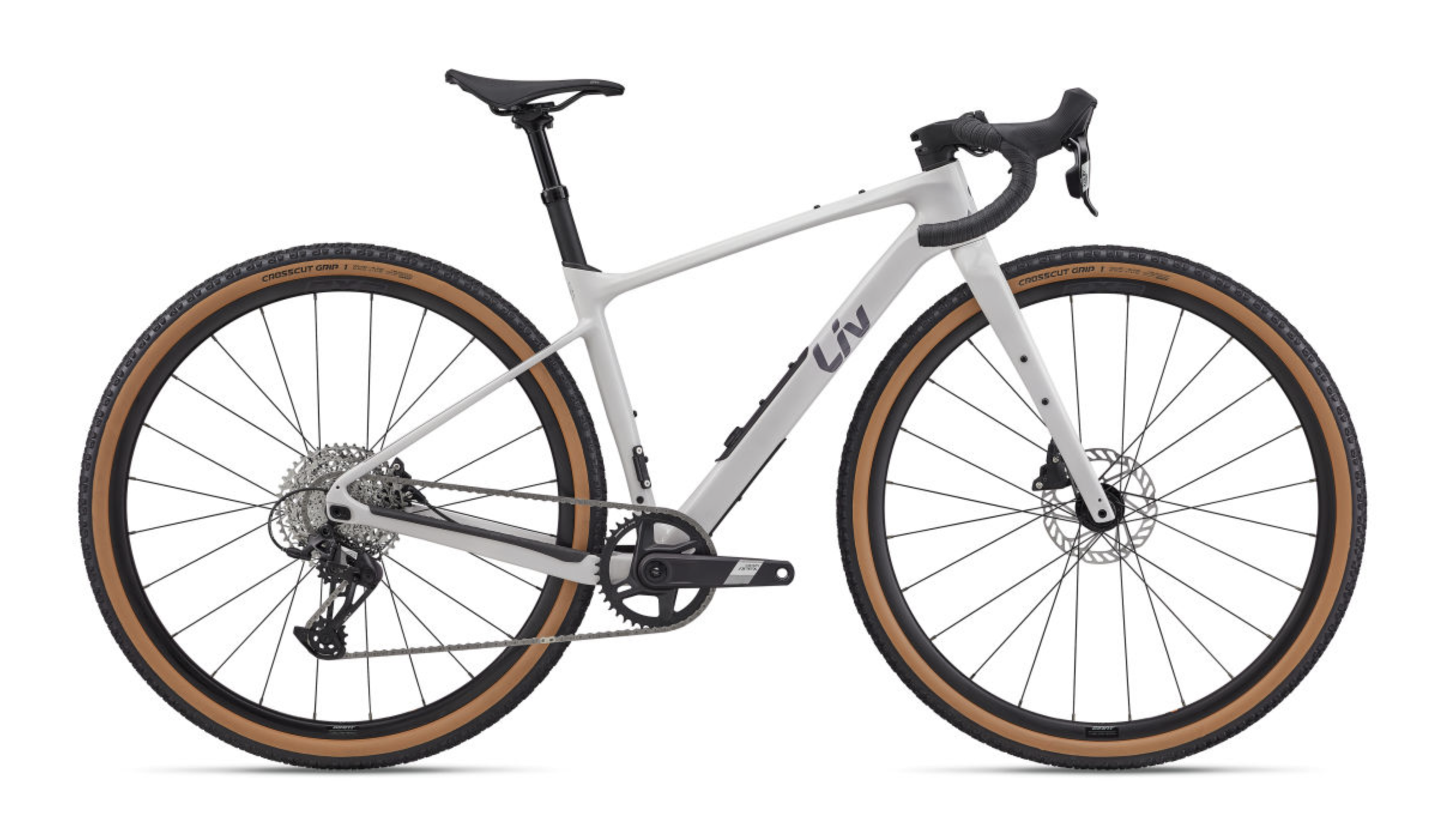 White Liv gravel bike with tan wall tyres on a white background