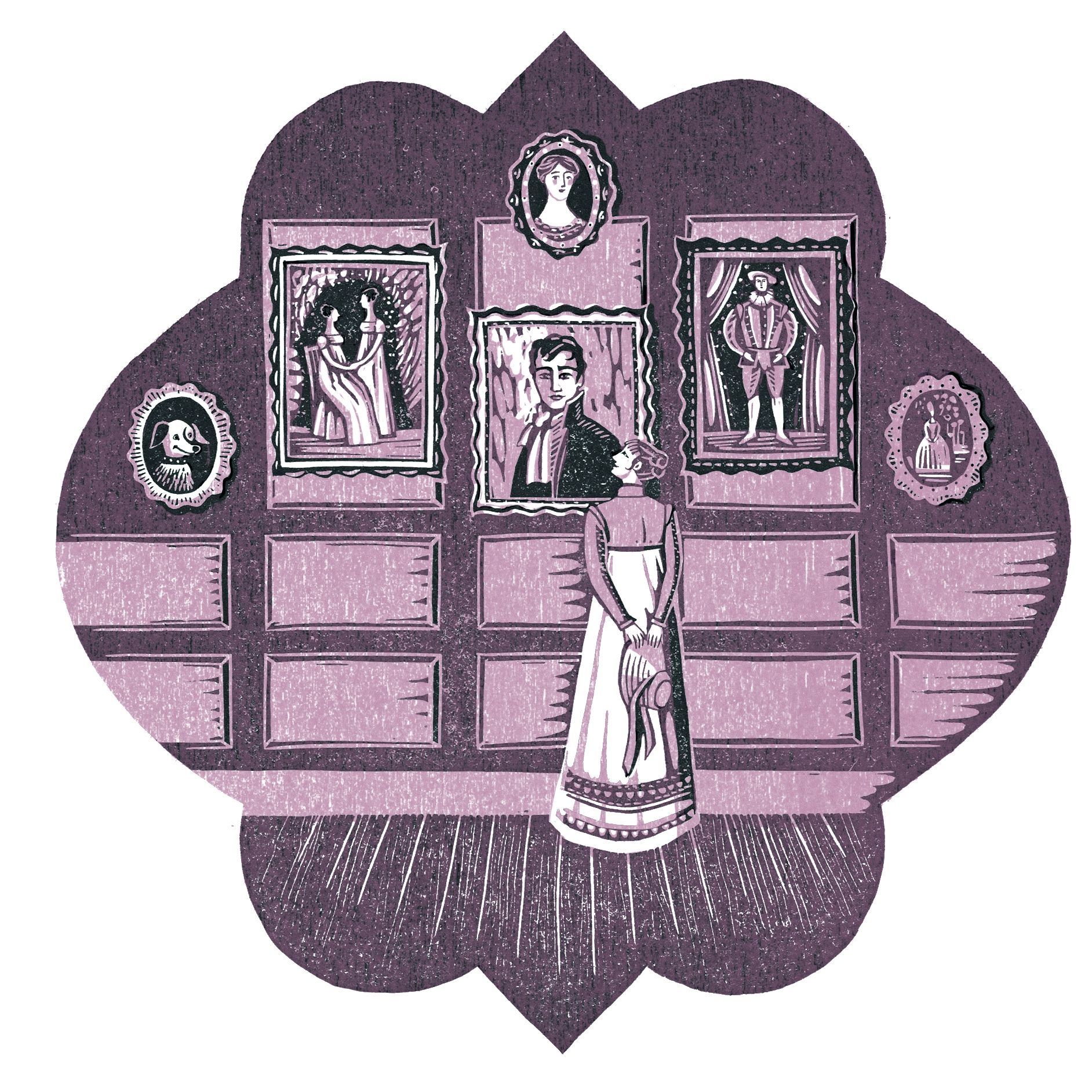 Illustrations from Jane Austen novels of a woman looking at portraits