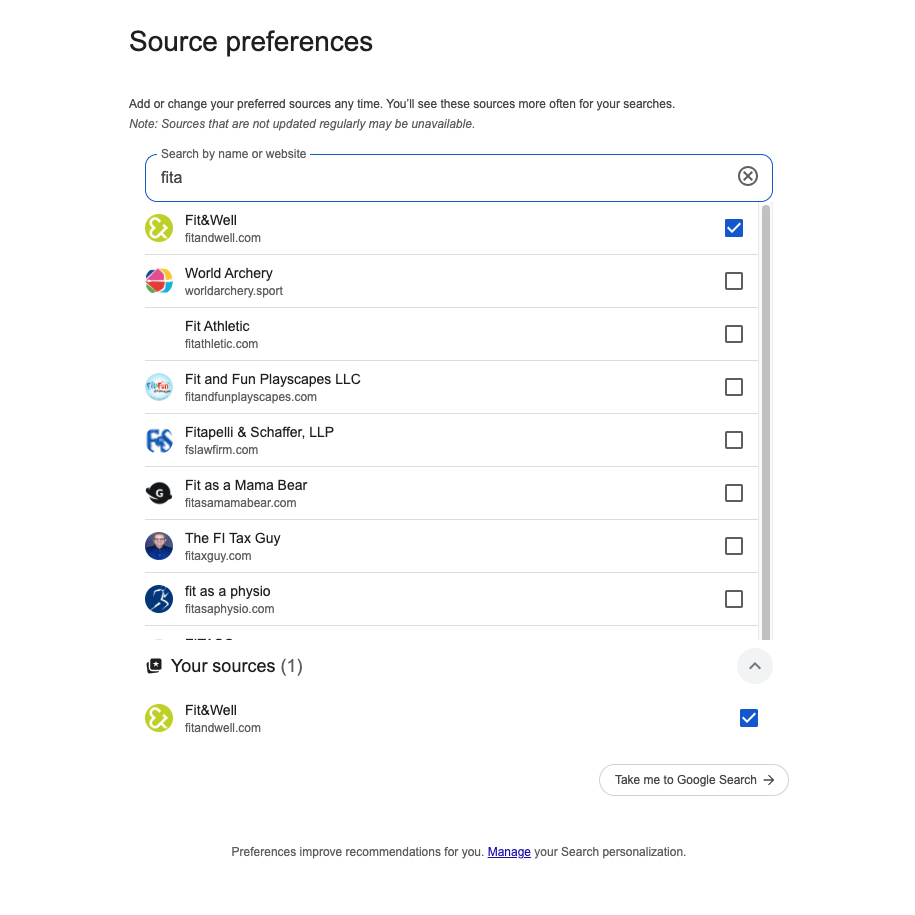 A screenshot of Google&amp;rsquo;s Source preference webpage