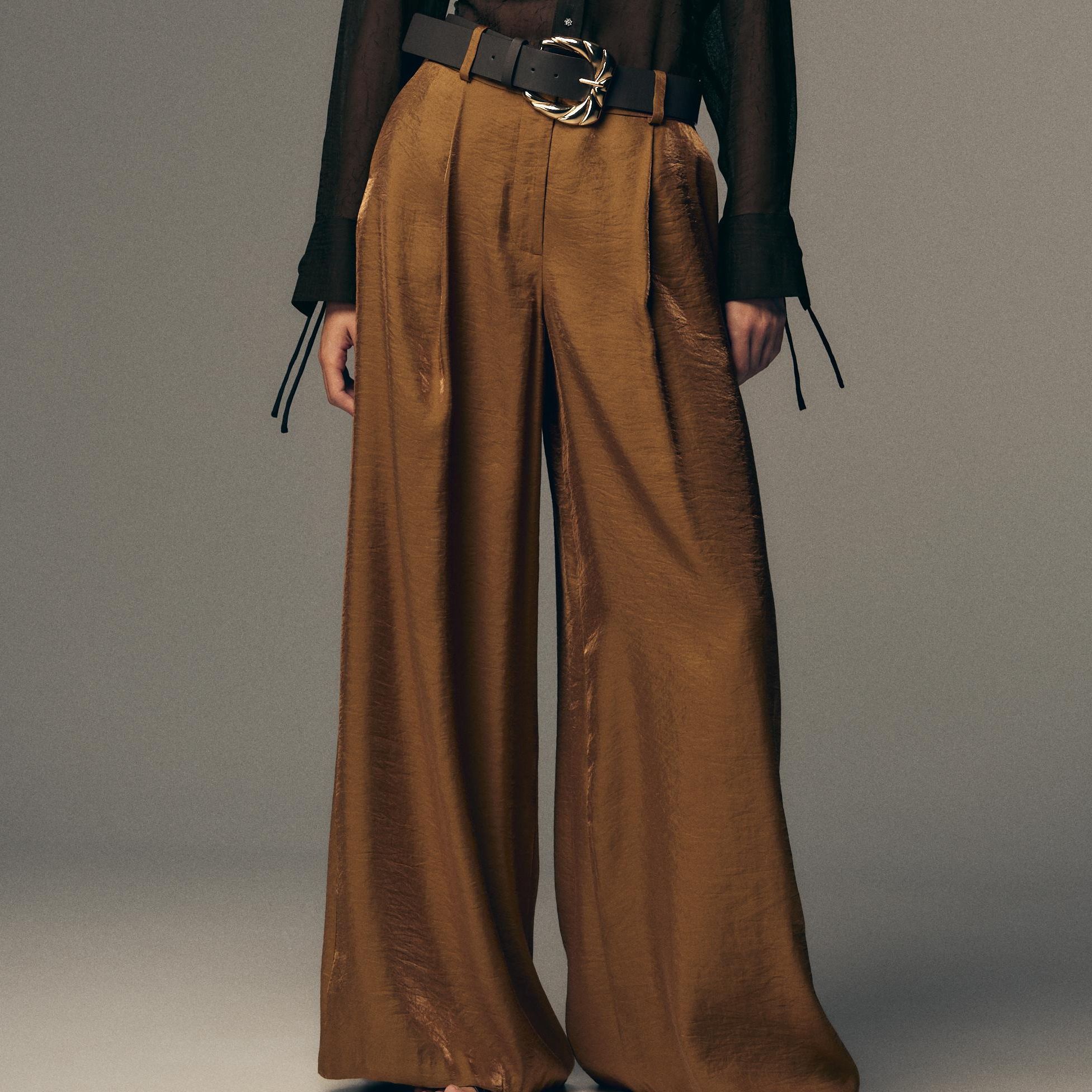 Wide Satin Trousers With Belt