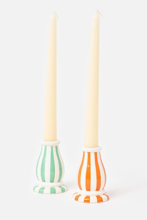 Green & Orange Striped Ceramic Candle Holders