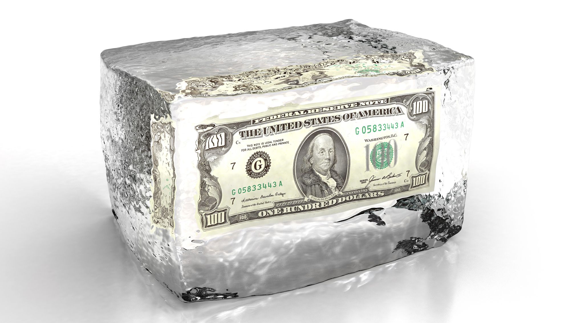 100 dollar bill frozen in ice cube