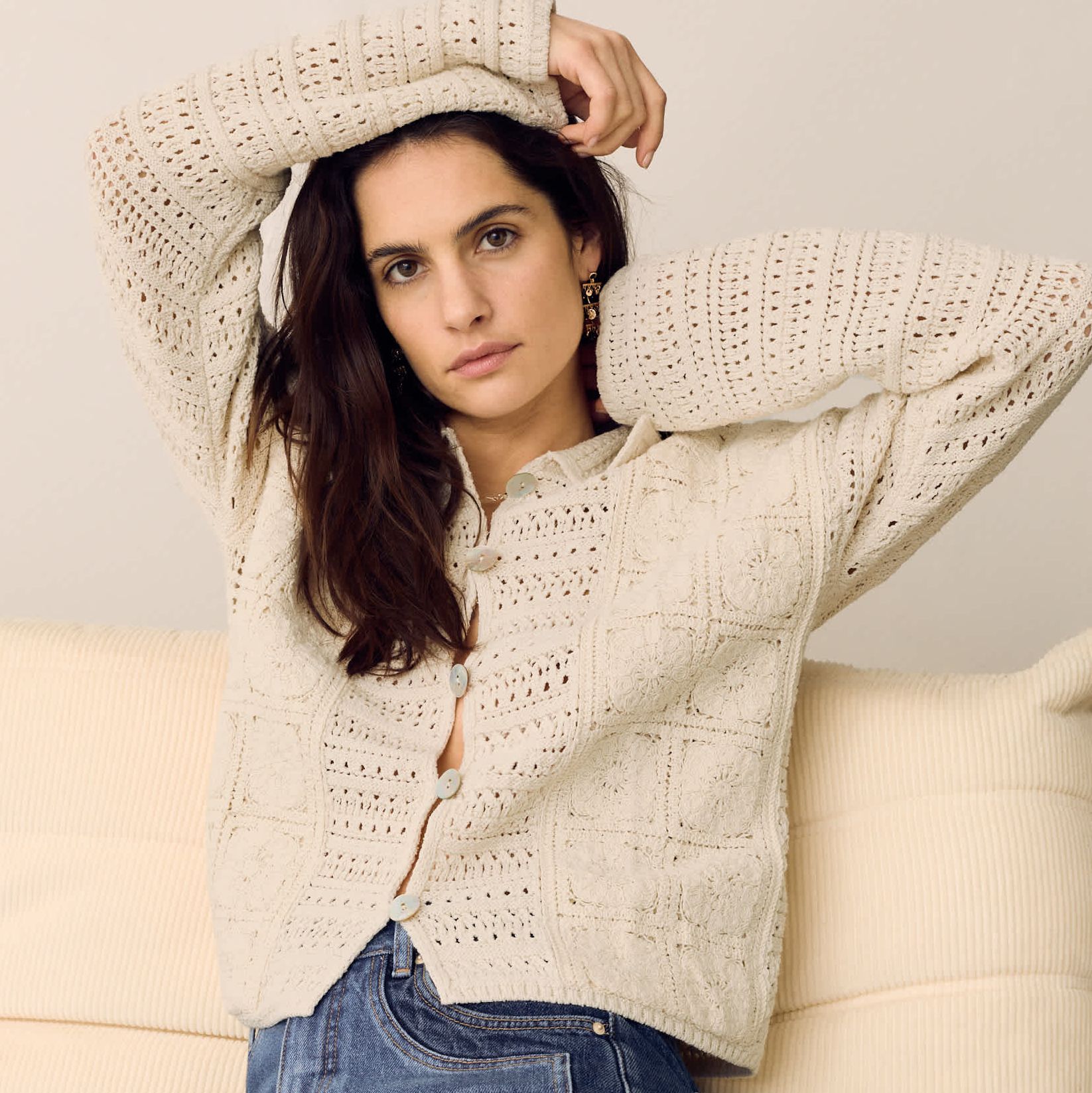 Cotton Blend Crochet Look Collared Cardigan