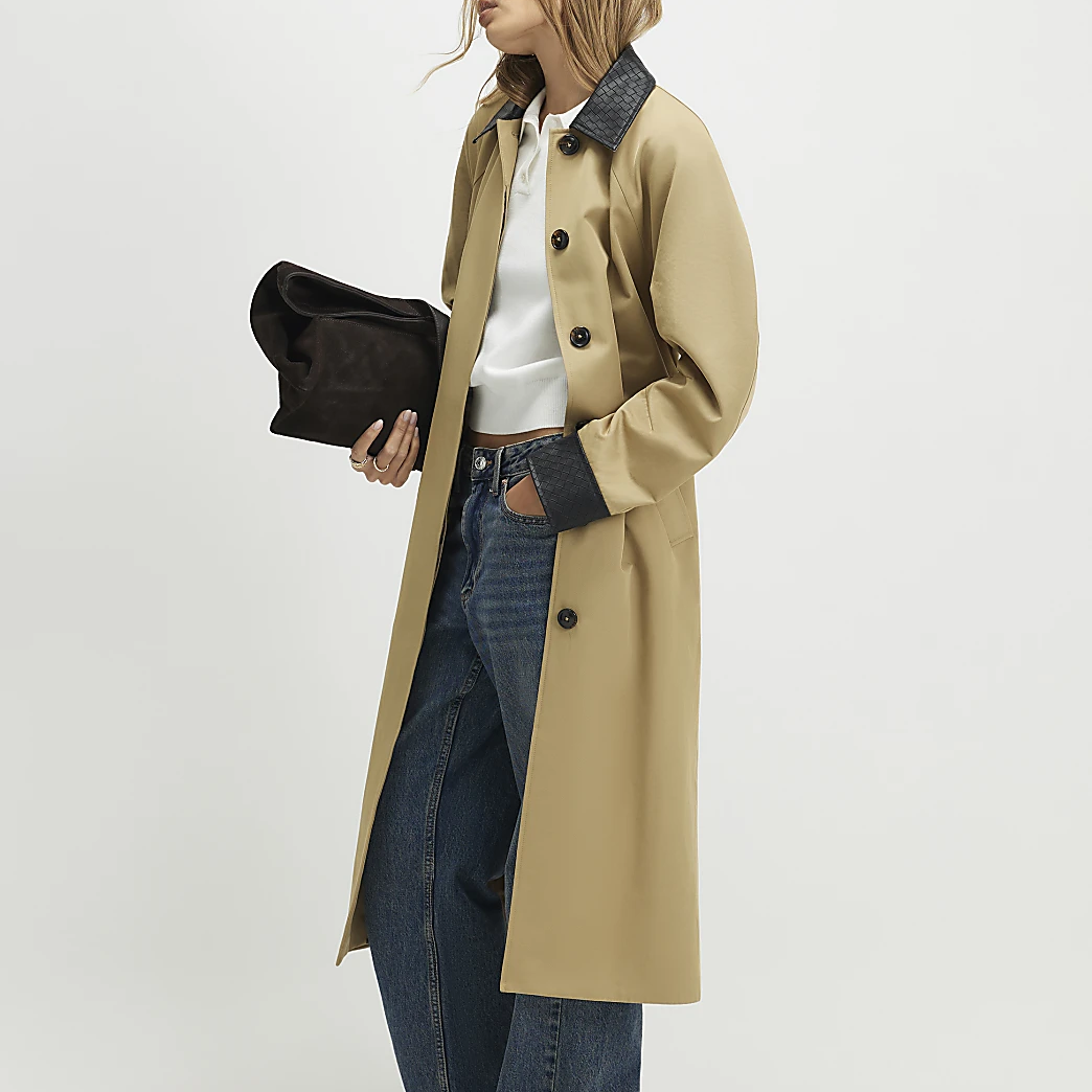 River Island beige trench coat with black leather trims