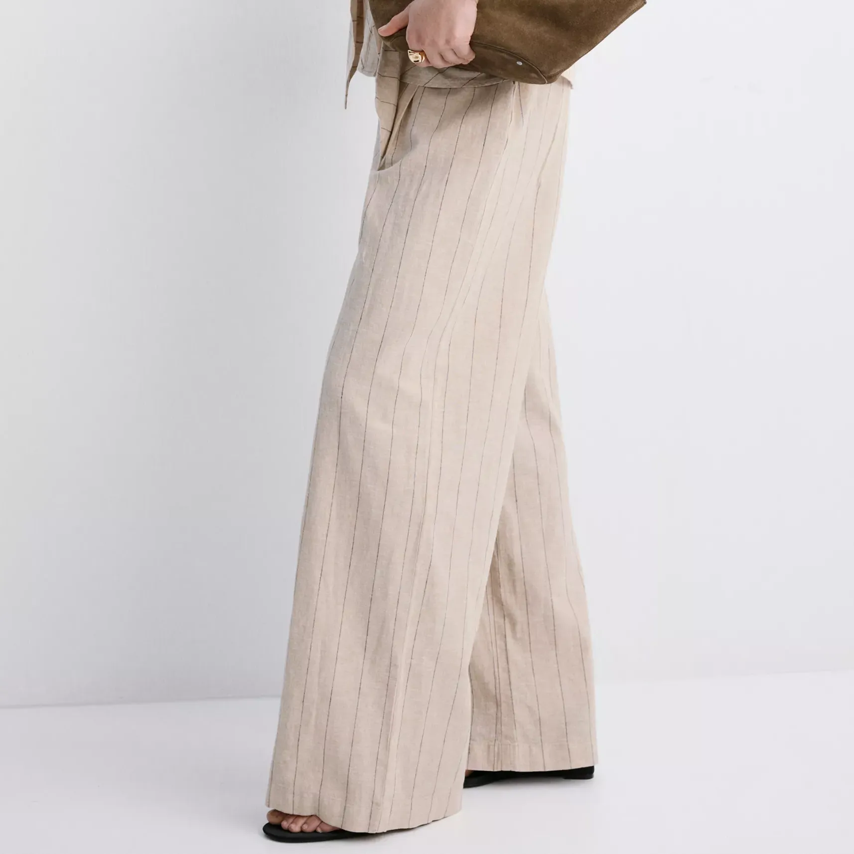Mango Beige Pinstripe Linen-Blend Trousers