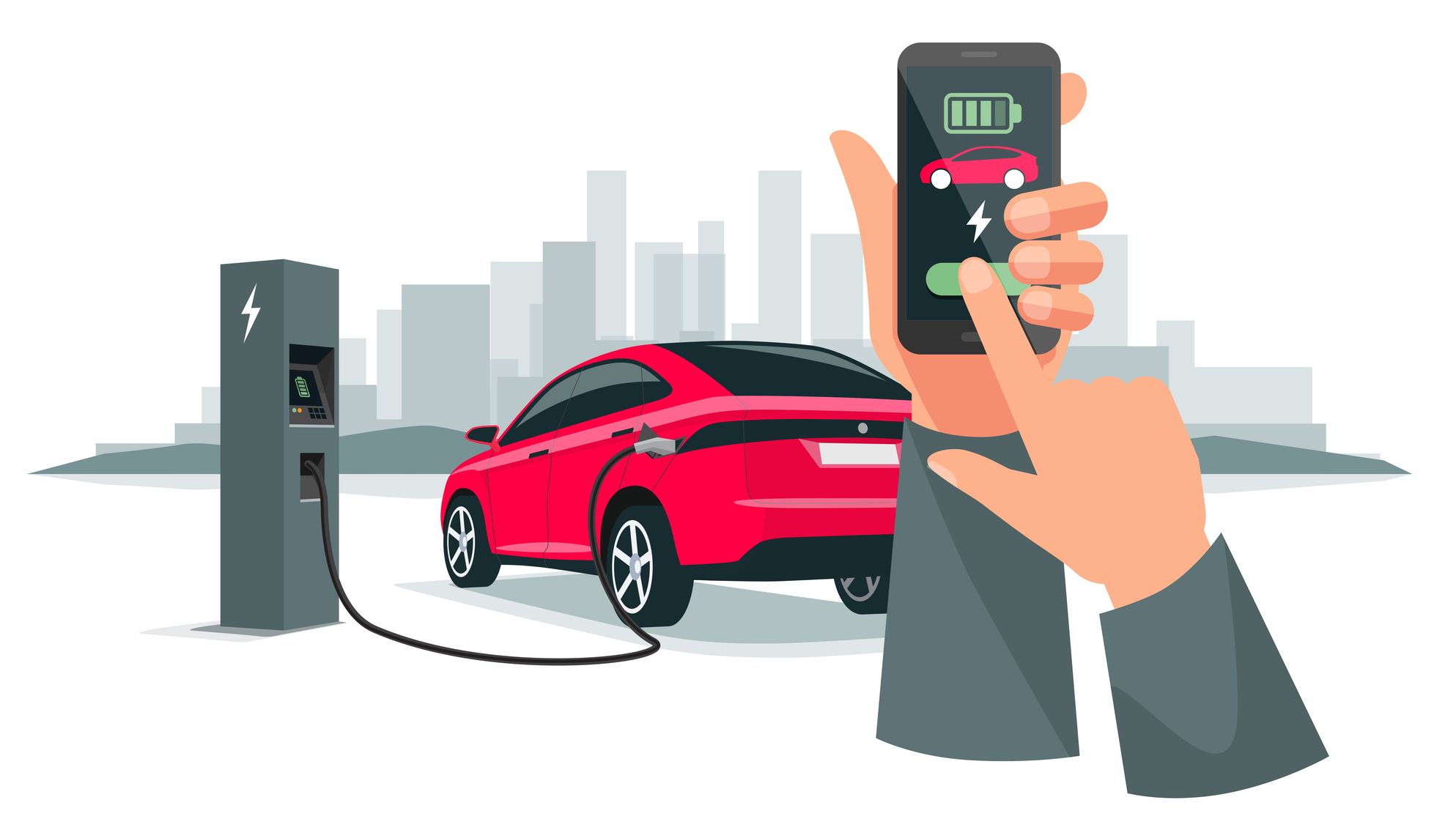 Hands Holding Smartphone with Charging App and Electric Car Recharging Batteries