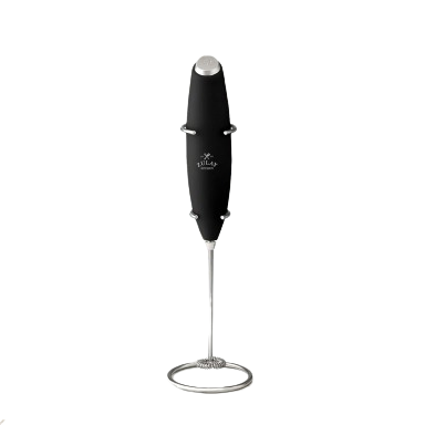 A black handled milk frother wand on a white background.