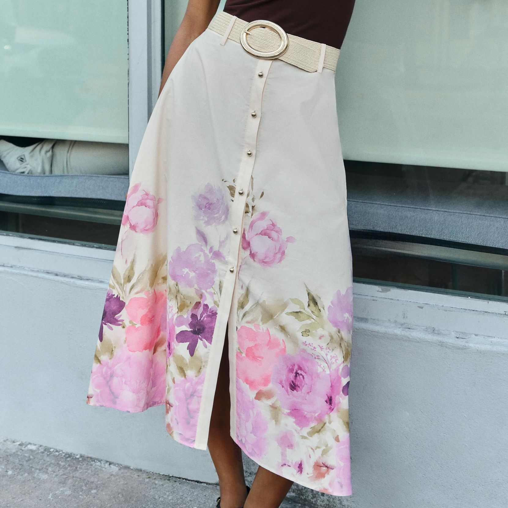 Floral Print Belted Midi Skirt