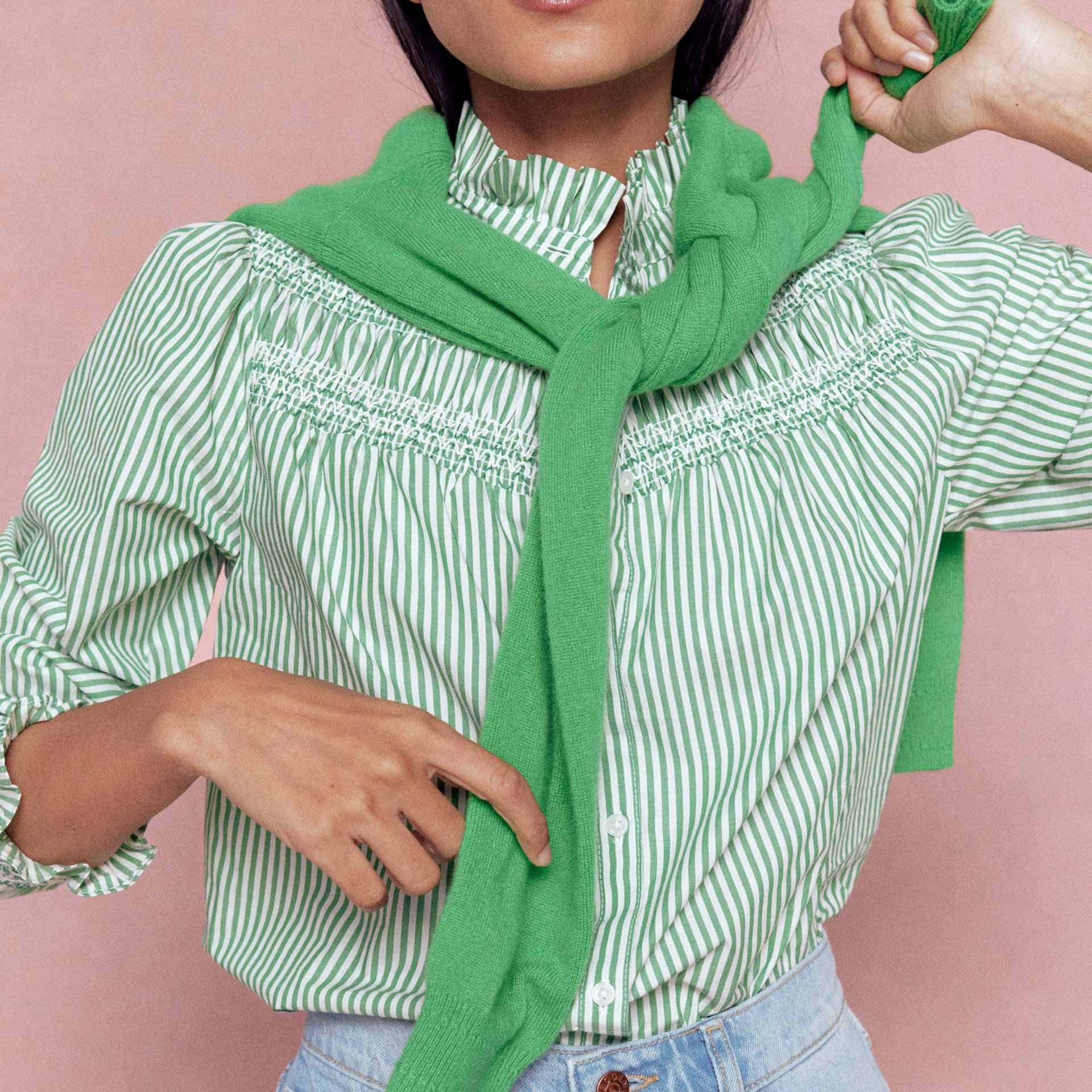 Esme Smocked Detail Frill Top-Highland Green, Ivory Stripe