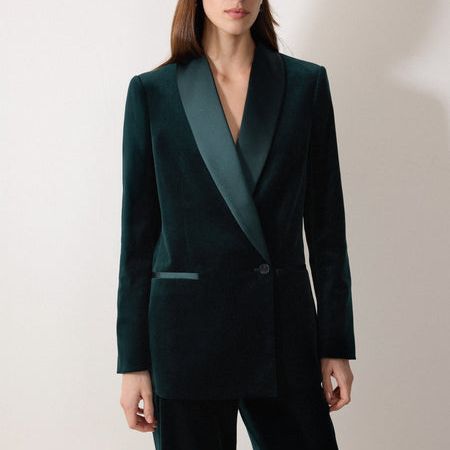 Velvet Satin Shawl Blazer | Green