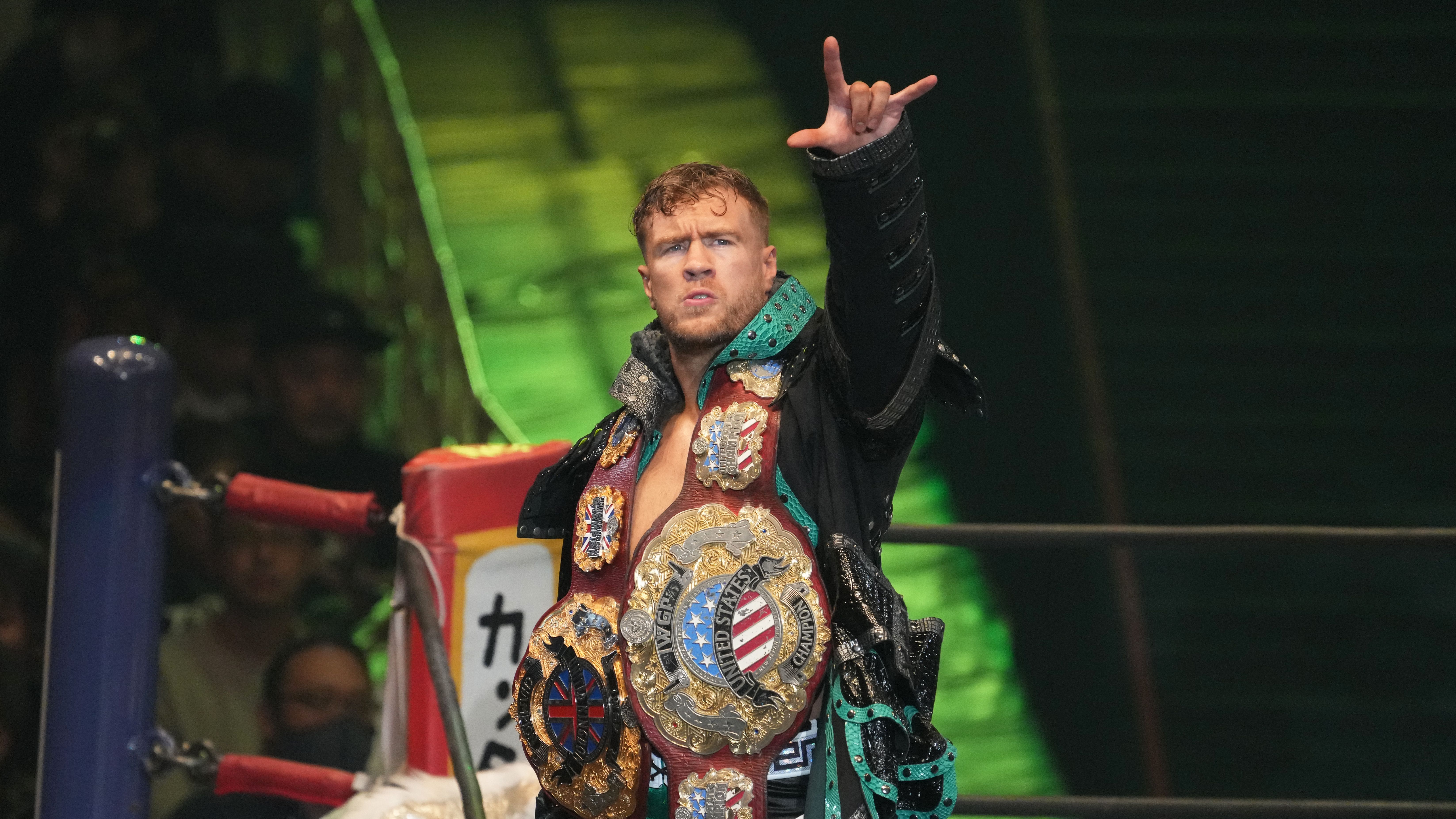 Will Ospreay enters the ring during the New Japan Pro-Wrestling at Edion Arena Osaka in Osaka, Japan