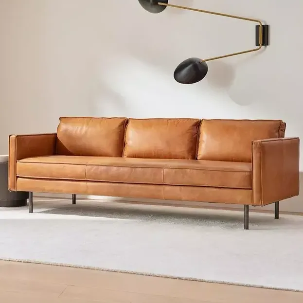 John Lewis &amp;amp; Partners, West Elm Axel 3 Seater Leather Sofa, Brown