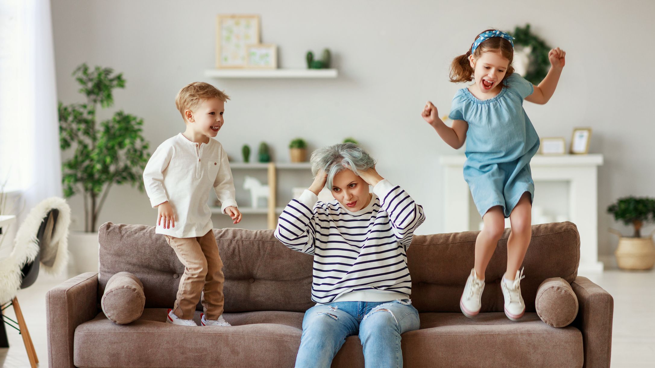 Frustrated grandmother with grandkids