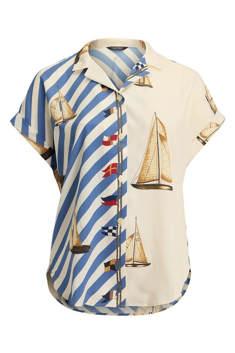 Stripe Sailboat Print Cr&amp;ecirc;pe De Chine Camp Shirt