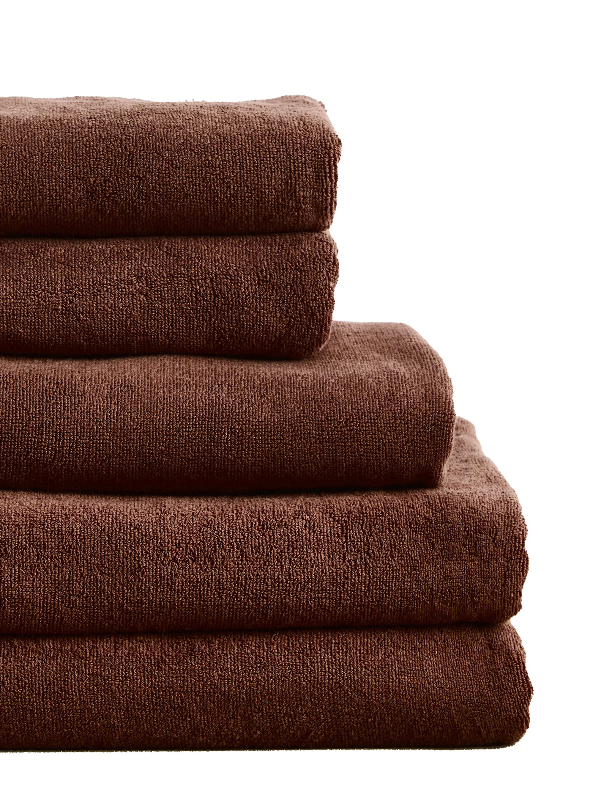 a bundle of cotton bath towels in a deep brown color