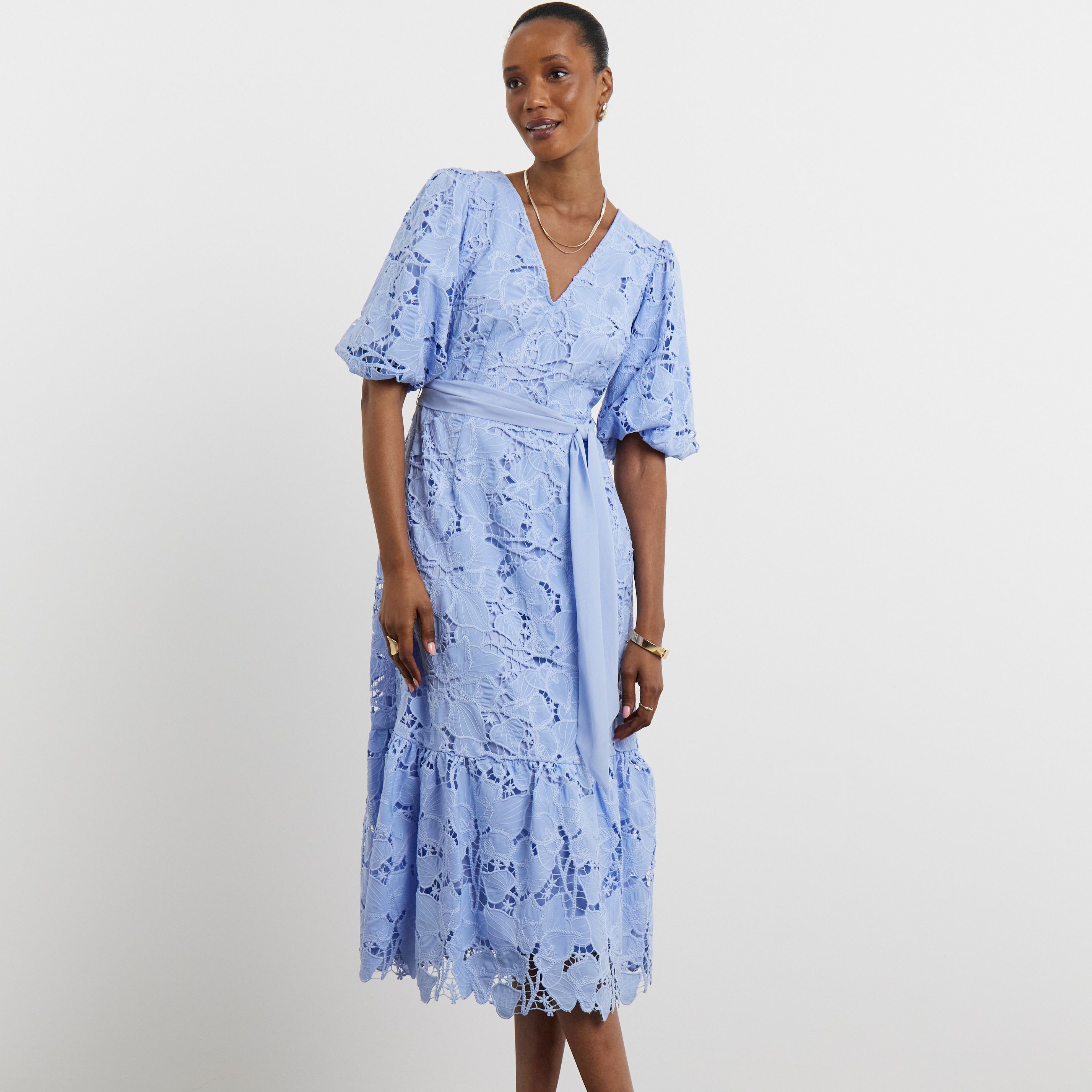 Joanna Hope Blouson Sleeve Belted Lace Dress - Blue - 24