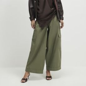 Khaki Wide Leg Cargo Trousers