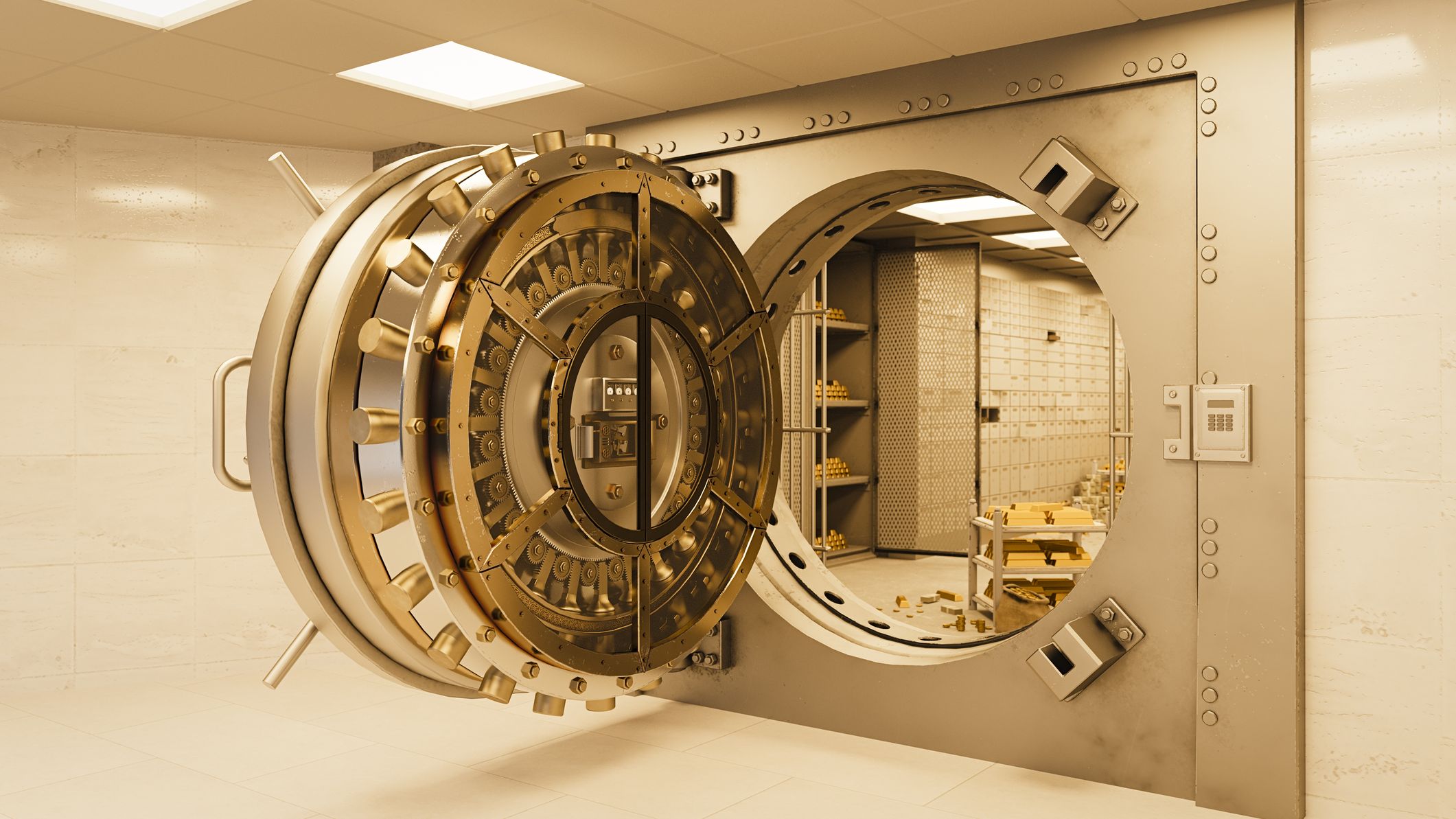 An open, golden bank vault door.