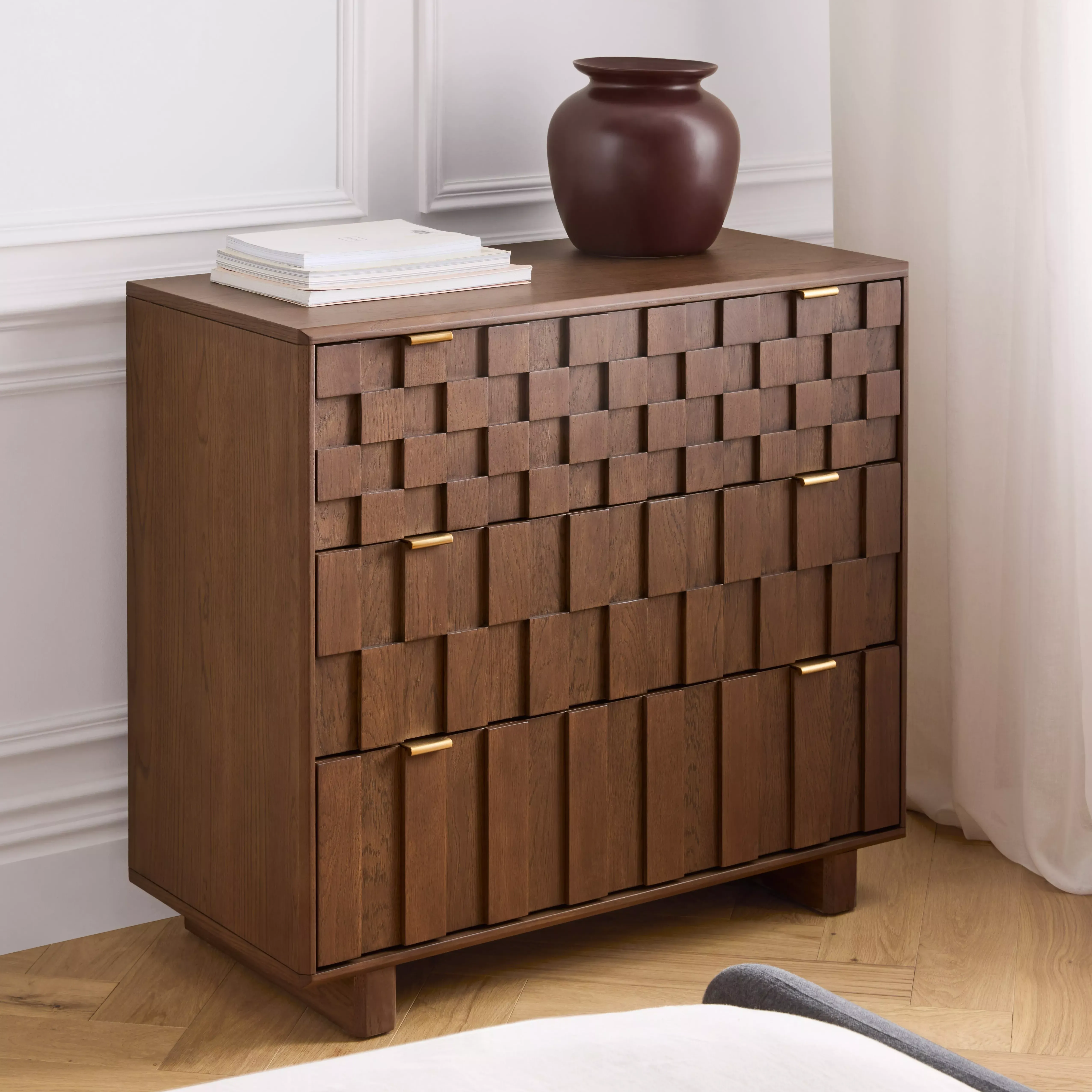 John Lewis Check &amp;amp; Stripe 3 Drawer Chest, Dark Wood
