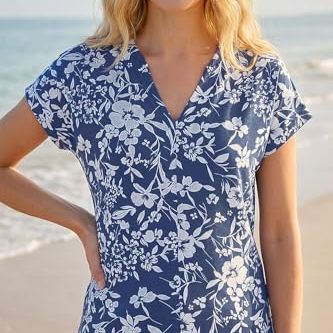 Roman Originals Floral Notch Neck T-Shirt for Women Uk - Ladies Everyday Holiday Spring Summer Notch Neckline Comfy Soft Evening Vacation Work Party - Navy - Size 12