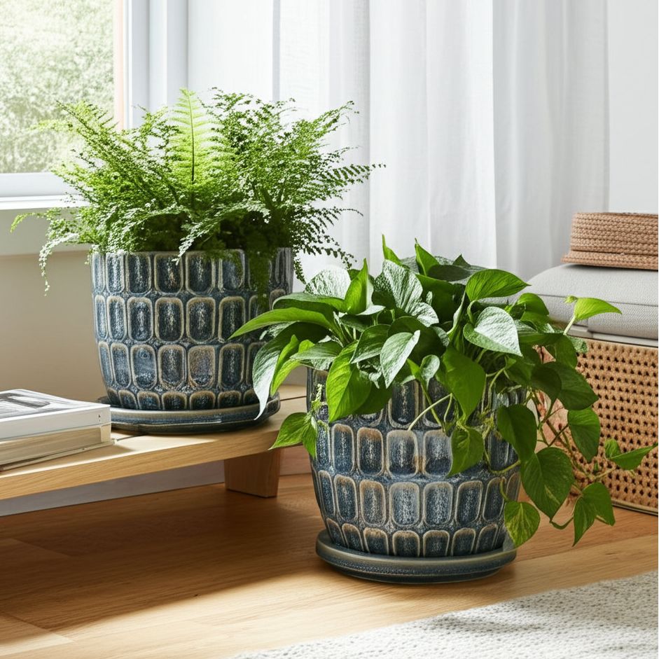 Winston Porter Stoneware and Ceramic Saucer Planters With Embossed Geometric Texture, Modern Decorative Design, Stylish Round Form, Versatile Display Accent, Set of 2 &amp;amp; Reviews | Wayfair